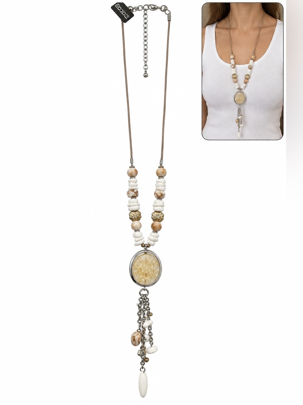 Chicos 32 inch long White yellow Cream Beaded Pendant Necklace boho western gift